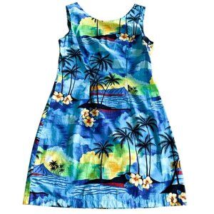 Aloha Republic Made in Hawaii U.S.A. Hawaiian 100% Cotton Blue‎ Palm Trees Dress